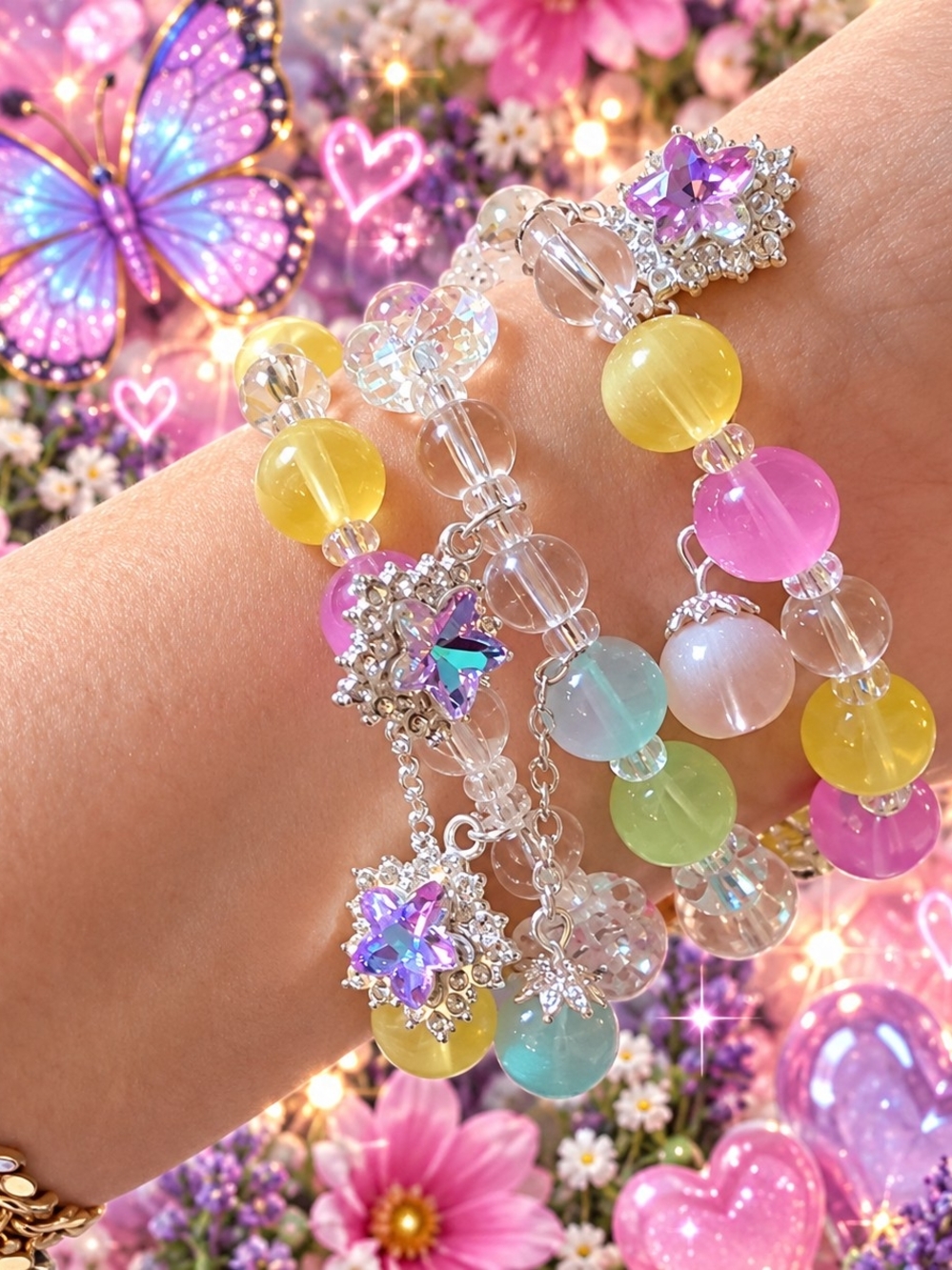 3 Pastel Crystal Beaded Charm Bracelet - Multicolor